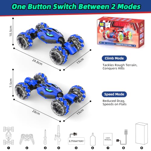 VisionX RC Stunt Cars, Unique 2.4GHz 4WD 360° Rotating Gesture Sensing | Boys and Girls Ages 6-12, Double‑Sided Driving RC Drift Car, Birthday and Christmas Cool Car Toys Gifts for Kids, 2 Batteries - color: Vibrant Blue