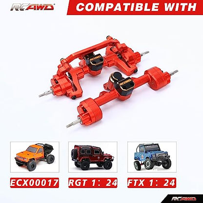 RCAWD All Metal Front Rear Axles with Center Drive Shaft and Diff Gear for 1/24 ECX Barrage Portal Axle RGT FTX Series RC Crawler Upgrades Parts Red - color: Red