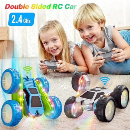 Remote Control Car, 360° Flips Rotating RC Stunt Car with USB-C Charge Modular Battery, 4WD RC Cars with LED Lights Strips, All Terrain RC Truck Toys for Kids 3+ Year Old Boys Christmas Birthday Gift - color: Blue & Green