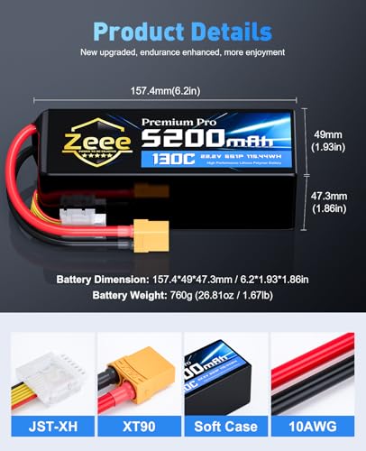 Zeee Premium Pro 6S 5200mAh Lipo Battery 22.2V 130C XT90 Plug (2 Packs) | Ultra-Low Internal Resistance Soft Pack Lipo Battery for RC Car Truck RC Drone Boat Helicopter Airplane Racing Models