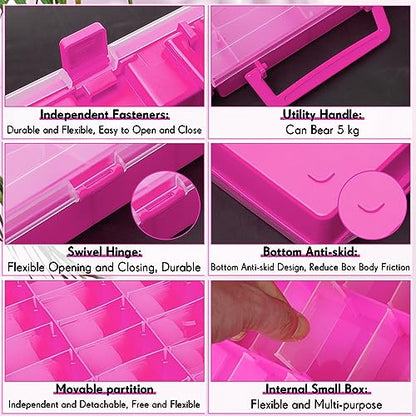 2 Pcs 48 Grids Plastic Bead Organizer Box with Divider, Pink - color: Pink