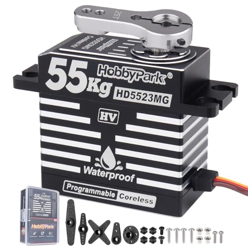 HobbyPark Waterproof RC Servo High Torque Coreless Motor Metal Gear Digital Servo Aluminum Case Parts for 1/8 1/10 RC Crawler SCX10 TRX4 RC Truck RC Car Buggy Basher Control Angle 180° (55kg Torque)