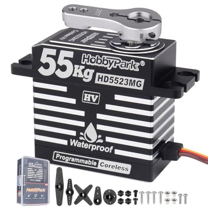 HobbyPark Waterproof RC Servo High Torque Coreless Motor Metal Gear Digital Servo Aluminum Case Parts for 1/8 1/10 RC Crawler SCX10 TRX4 RC Truck RC Car Buggy Basher Control Angle 180° (55kg Torque)