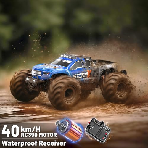 RC Cars 1:14 All Terrain Off-Road RC Truck, 4WD Fast Remote Control Car 40 KM/H, 4X4 Waterproof Monster Truck with 2×1300mAh Batteries, Metal Shocks, 6 LED Headlights, RTR RC Vehicle