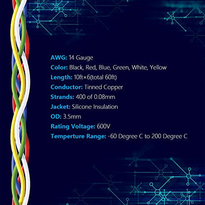 Fermerry 14 AWG Stranded Wire Spool 10ft Each 6 Colors | Flexible 14 Gauge Silicone Hook up Wire Kit Electrical Tinned Copper Wire - size: 10FT, style: 14 AWG-6C