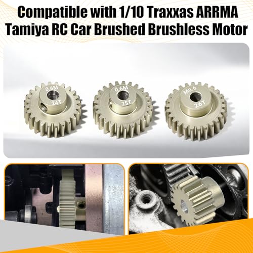 3PCS 0.6 Mod 0.6M Pinion Gear Set 24T 25T 26T, 7075 Aluminum Alloy with 3.175mm Bore for 540 550 Brushed Brushless Motors, Fits for 1/10 Tamiya Redcat HSP HPI RC Cars - size: 24 25 26T