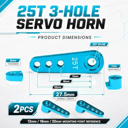 2PCS 25T Aluminum Servo Horn, 3-Hole RC Steering Arm for Futaba Savox MG995 | CNC Aluminum Servo Arm M3 Thread Adjustable Linkage 12mm 16mm 20mm Positions 1/8 1/10 RC Power HD MG996 Crawler Buggy Truck - color: Skyblue