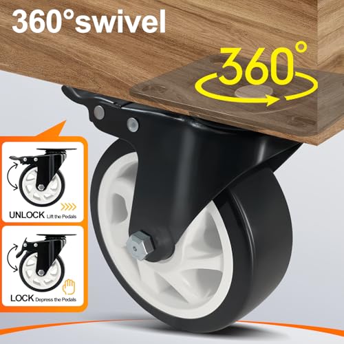 4 Inch Plate Caster Set of 4, Heavy Duty PU Swivel Wheel with Dual Brakes | Smooth 360° rotation,dual locking brake,silent PU wheels - color: Black, size: 4 IN