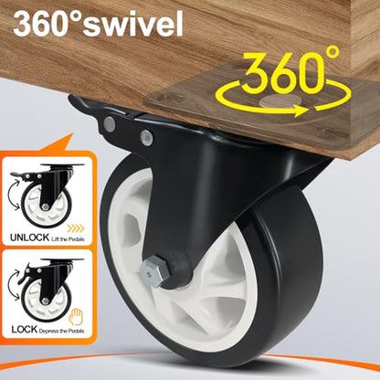 4 Inch Plate Caster Set of 4, Heavy Duty PU Swivel Wheel with Dual Brakes | Smooth 360° rotation,dual locking brake,silent PU wheels - color: Black, size: 4 IN