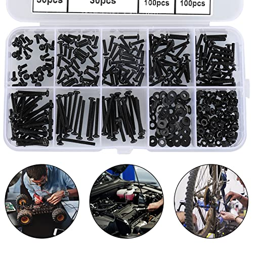 410Pcs Tiny Button Head Hex Socket Cap Screws, Black Grade 10.9 Alloy Steel, M2 x 4/6/8/10/12/16/20mm Allen Head Machine Screws, Nuts and Washers Kit with Hex Key, Fully Threaded Pitch: 0.4mm - color: Black-410Pcs M2 Button Head Socket Screw-10.9