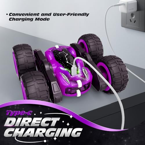 Tecnock Remote Control Car for Kids, 2.4GHz RC Cars with USB-C Easy Charging, 4WD Double Sided 360° Rotates and Flips RC Stunt Car, Toys Gift for Boys and Girls Ages 6-8, 8-12 - color: Purple