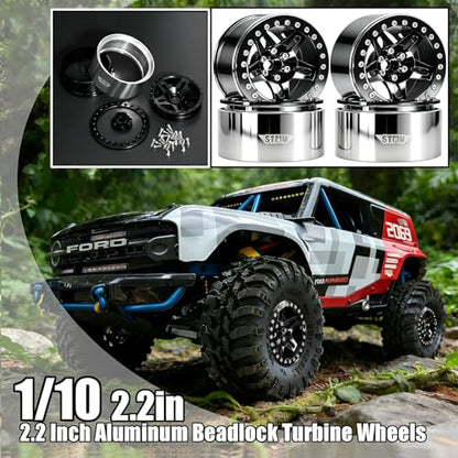 STMU 2.2 Inch Aluminum Beadlock Turbine Wheels - Perfect Fit for SCX10 TRX4 VS4-10 Gen8 1/10 RC Crawler Vehicles (Black) - color: Black