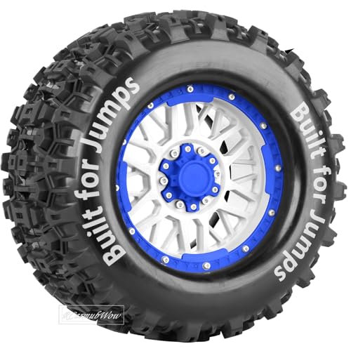 1/8 1/10 17mm Hex RC Truck Tires,Wheels and Tires for 1/10 E-Revo T-Maxx Summit,1/8 Kraton Outcast 6S,Sledge,Buggy Rubber Tyres and Rims w/Foam Insert for RC Off-Road Car,White-Navy Blue - color: White&navy Blue(4pcs)