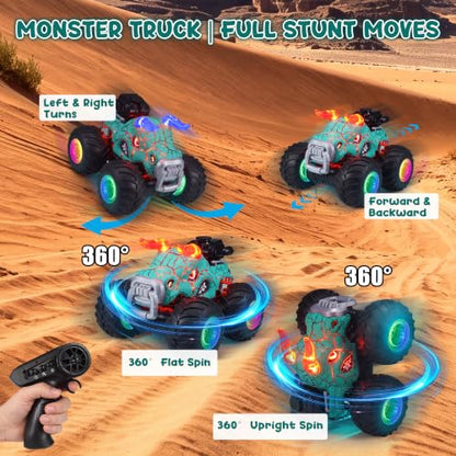 Remote Control Monster Truck Toys - 1000mAh Battery RC Stunt Car | 2.4GHz Remote Control, Flat & Upright 360° Spins, Trucks for Kids Ages 4-12, Birthday & Holiday Gifts for Boys & Girls - color: Green