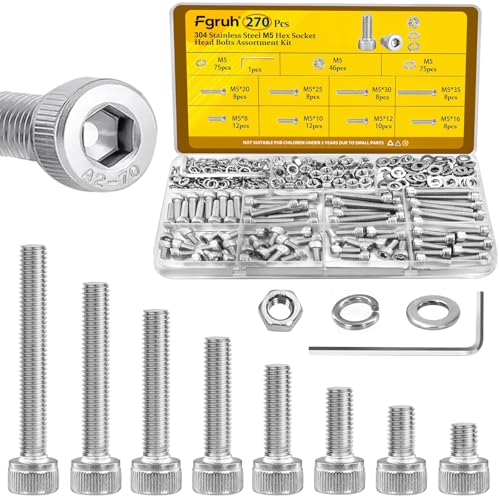 270pcs M5 Screws with Nuts Assortment kit, M5x8/10/12/16/20/25/30/35 mm 304 Stainless Steel Hex Socket Head Cap Screw Bolts Nuts Flat & Lock Washer Set - size: SS M5 270pcs