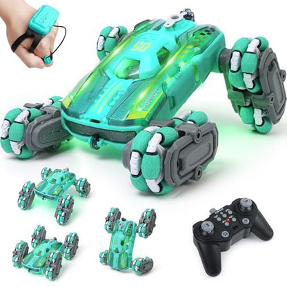 FUNiOi Cool 8WD RC Stunt Car for Kids Ages 6 7 8-12 13 14 Year Old - Remote & Gesture Hand-Controlled Toy with Lights & Music, Rotating Drift Car for Boys, 2.4Ghz - style: 8WD