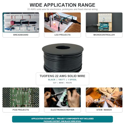 TUOFENG 22 AWG Solid Core Wire 100 ft, Black PVC Hook-Up Wire, 300V - size: 22 AWG solid wire black 100ft