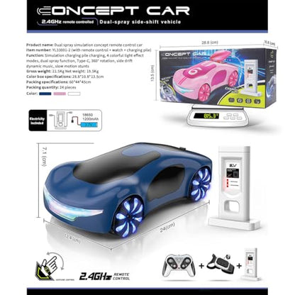 2.4G Gesture Sensing RC Stunt Car, LED Drift Racing Car with Spray Boost, USB Charging Station & Music Effects – 360° Flip Toy Gift (Handle+Watch RC Version) - color: Blue