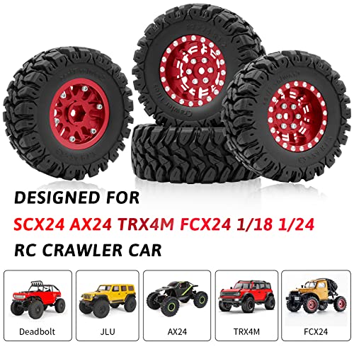 OGRC 1.0 Plus (1.2 Inches) Beadlock Wheels 7mm Negative Offset Wheel Rims Super Soft Sticky Tires for TRX4M SCX24 FCX24 AX24 1/24 1/18 RC Crawler Car - 62 * 24mm (Red) - color: Red