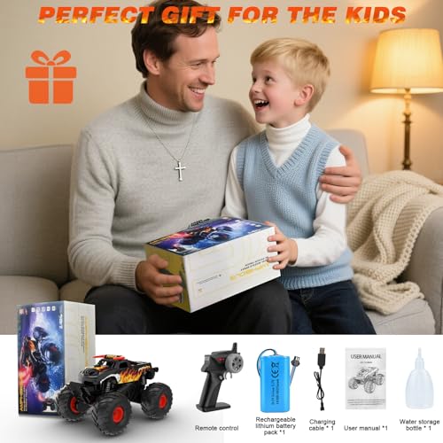 Amphibious Remote Control Car 4WD | Waterproof RC Cars with Dual Spray Mist & Led Lights,1:16 RC Monster Truck for All Terrain Off-Road Pickup Toys Gifts for Boys/Girls Age 8-12+ - color: Black