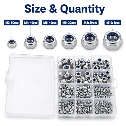 188PCS Metric Nylon Insert Lock Nuts Kit, M3 M4 M5 M6 M8 M10