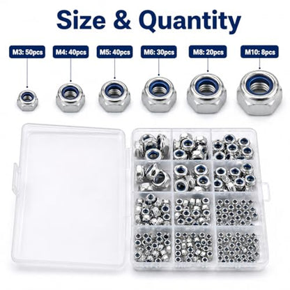 188PCS Metric Nylon Insert Lock Nuts Kit, M3 M4 M5 M6 M8 M10