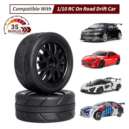 Pre-Glued OD 2.56" 12mm Hex Wheels Rims & Rubber Tires 26mm for 1/10 Scale On Road Racing Car Drift RC Touring Car, Set of 4 (Color C) - color: Color C