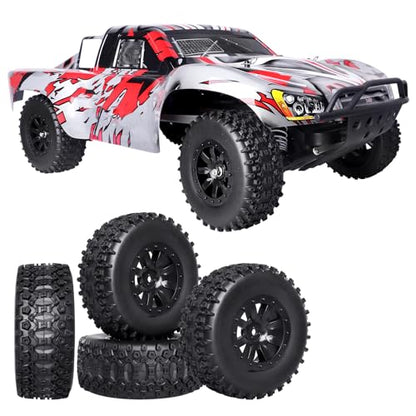Pre-Glued 1/10 RC Short Course Truck Wheels and Tires Combo 12mm Hex - Compatible with Traxxas Slash 4X4 BL-2S, Losi Tenacity, Redcat Blackout(Set of 4)