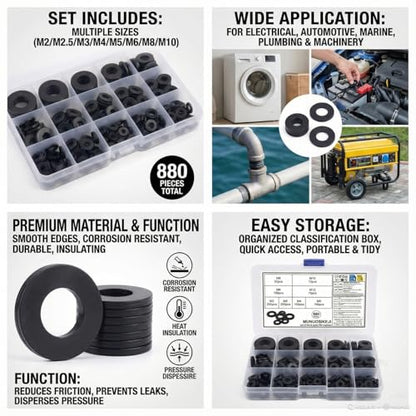 880 Pcs Nylon Flat Washer Assortment Kit | Black Insulating Spacers & Seals for Plumbing, Electrical & Machinery (M2 to M12), Organized in Storage Box