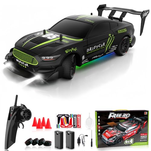 Remote Control RC Drift Car 1:16 Scale 4WD RC Car with LED Lights 2.4GHz 30km/h RTR High Speed Racing Sport Toy for Adults Boys Girls Kids Gift 2Pcs Rechargeable Battery - color: A-black