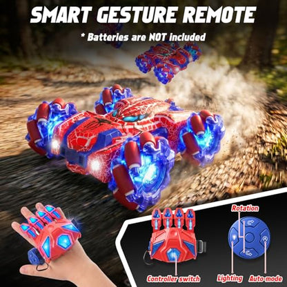 Spider Gesture Sensing Remote Control Car Birthday Gift for Boy 3-12 | Double Sided RC Cars, Full-Body Light, 2.4GHz Hand Controlled, Rechargeable RC Stunt Car - color: Red