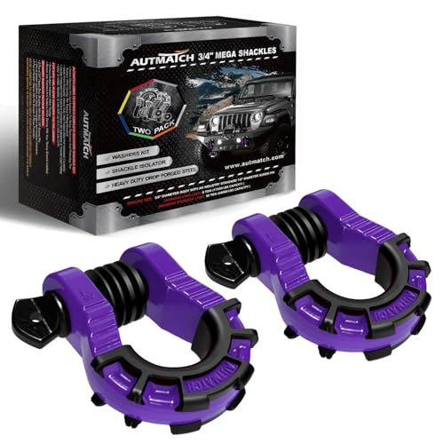 AUTMATCH D Ring Shackles 3/4" Mega Shackle (2 Pack) 68,000Ibs Break Strength - Heavy Duty Clevis Shackles with 7/8" Screw Pin and Isolator Washer for Tow Strap Winch Off Road Vehicle Recovery, Purple - color: Purple & Black