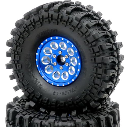 4pcs RC 1.9 Mud-Terrain Tires Mounted on 1.9 Beadlock Wheels Blue, 1.9 XL Tires 4.75" (121mm) and 1.9 Wheels Fit RC Crawler Redcat Gen8 Traxxas TRX-4 RC4WD D90 Tamiay CC01 Axial SCX10 - color: Blue