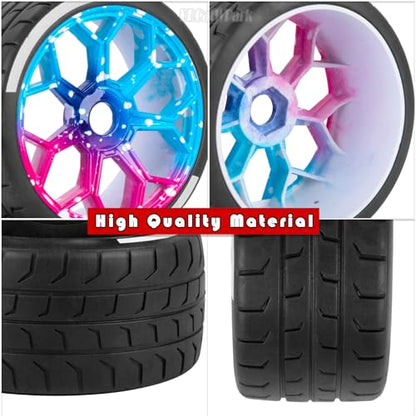 RC Highway Tires Wheel for 1/8 Typhon 6s BLX,1/7 Infraction 6S BLX,Limitless,4PCS RC Drift Tires Rubber RC Highway Wheel,Blue Pink - color: Blue Pink - (Highway Tires)