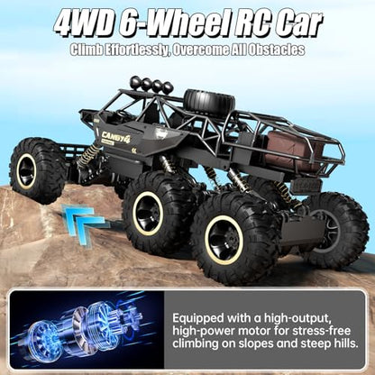 Large Size RC Cars, Rock Crawler RC Truck with 2 Rechargeable Batteries, 6 Wheel Remote Control Monster Truck, Durable Metal Body & LED Headlights, Boy Toys for 4-7, 8-12 Kids & Adults - color: 6 Wheels Black