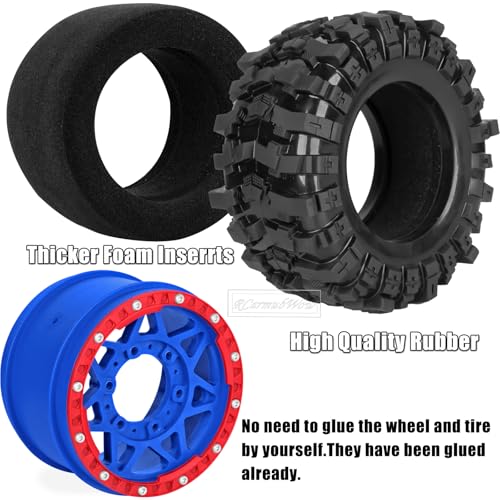 1/10 Scale RC Truck Tires,Wheels and Tires w/12/14/17MM Hex for Rustler Stampede Hoss, Granite Vorteks Big Rock 3S,1/10 Off Road Tires Rubber Truck Tyres w/Foam Insert,Navy Blue w/Red - color: Navy Blue W/Red(4pcs)