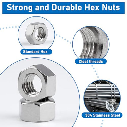 #6-32 Hex Nuts, 100 Pack 304 (A2-70) Stainless Steel Hardware Nuts,Standard Inch Coarse Thread Nuts - color: Silver, size: #6-32