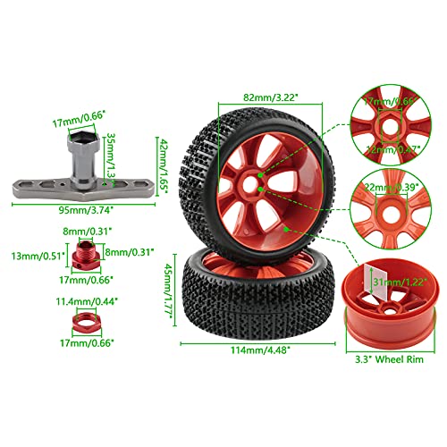 1/8 Buggy Tires and Wheels 17mm Hex with Adapters - 114mm OD Off-Road RC Tires Compatible with Arrma Typhon, Traxxas, Redcat, HSP - Includes Nuts & Wrench (Red) - color: Red 6 Spokes