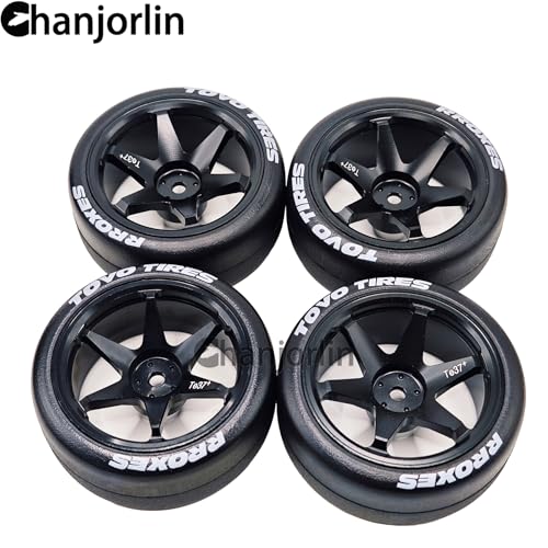 RC 1/10 Drift Tires & Aluminum Wheels 12mm Hex OD 65mm Hard Drift Racing Smooth Tyres for 1:10 1/12 Rally Street On Road Touring Car TT01 TT02 XV02 XV01 TA06 HPI KYOSHO PTG2 4PCS (Black) - color: Black