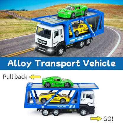 Toy Trucks, Pull Back Transport Truck Toys with 2Pcs Diecast Cars | Lights & Sounds, Alloy Truck with Trailer Transporter Vehicles Set, Toy Trucks for Toddlers Boys 3 4 5 6 7 8 Years Old Gift - style: Transporter Truck