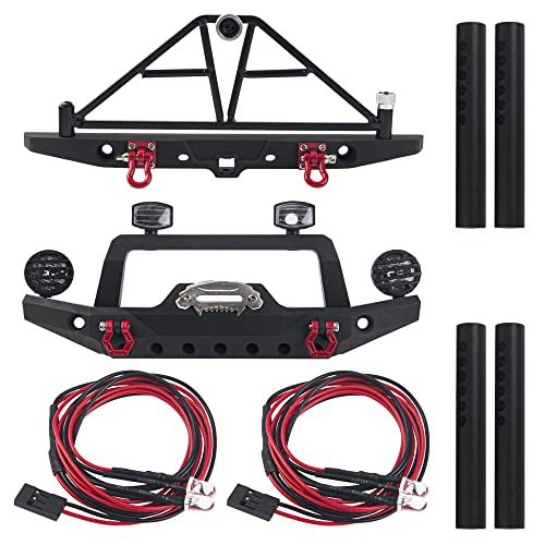 Aluminum Front & Rear Bumper with LED Headlights Tow Hook Spare Tire Carrier Compatible with Traxxas TRX4 TRX-4 Axial SCX10 SCX10-II 90046 90047 SCX10-iii AX10300 1/10 RC Crawler Car