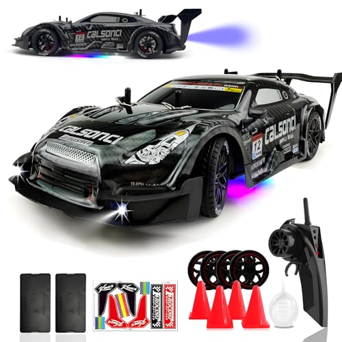 HTURCCOP 1:16 RC Drift Car 2.4GHz Spray 4WD LED Lights 30+KM/H High Speed Remote Control Car 2 Batteries 60Min Infinitely Variable Speed Drift Car Toys for Adults and Kids (Black 1:16) - color: Black 1:16