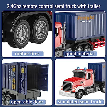 Mostop RC Semi Truck with Trailer - 22.5 Inch Remote Control Semi Truck Toy for Kids, 1:24 Scale Container Truck with 2 Batteries, Carrier Van Transport Vehicle with LED Light & Music,Great Gift