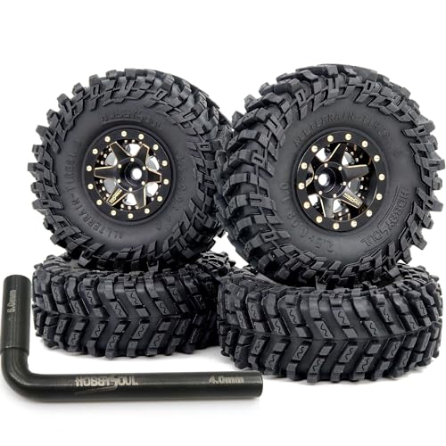 64mm Tall Soft Sticky 1.0 Tires Tyres and Brass 1.0 beadlock Wheels Rims, Adjustable Negative Offset 1.0 Wheels Tires for RC Mud Crawler 1/24 SCX24 1/18 TRX4M - color: Black