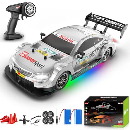 1/16 RC Drift Car, 2.4GHz 4WD Remote Control Drift Car, 30+KM/H High Speed Drift RC Cars with LED Lights 2 Batteries and Drift Tires Race Cars for Adults Boys Kids, Sliver - color: Silver