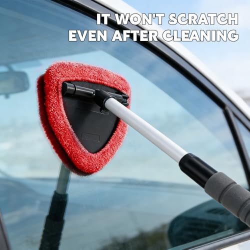 Windshield Cleaning Tool, Car Window Cleaner Tool, Vehicle Window Cleaning Kit with Extendable Handle & 4 Washable Microfiber Pad, Auto Interior Exterior Glass Wiper Cleaner for Office Home