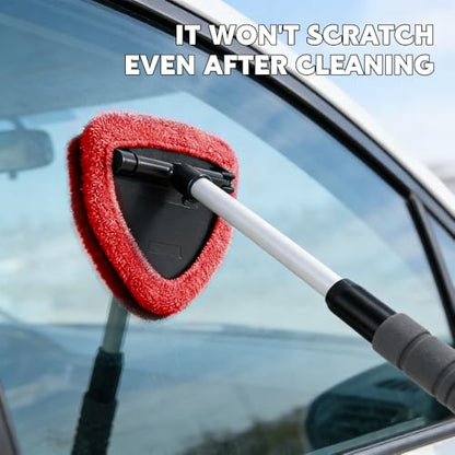 Windshield Cleaning Tool, Car Window Cleaner Tool, Vehicle Window Cleaning Kit with Extendable Handle & 4 Washable Microfiber Pad, Auto Interior Exterior Glass Wiper Cleaner for Office Home