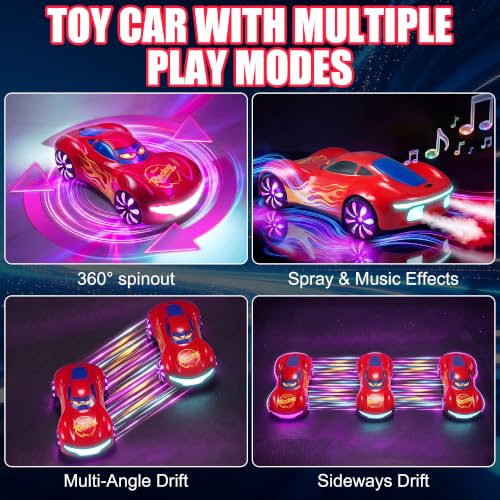 Gesture Sensing RC Stunt Car, 2.4GHz 4WD Remote Control Car for Kids 4-12 | 50 Min Play Time Dual Batteries, 360° Spinning Drift, Mist Spray & LED Wheels, Birthday Gift, Party Gifts for Kids Boys , Red - color: 4-red