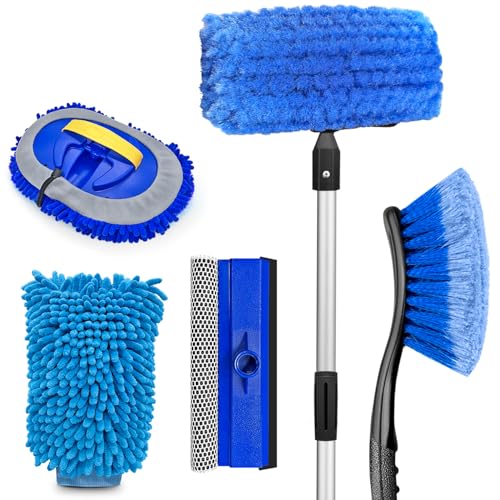 ARTIPOLY 65'' Five-Sided Car Wash Brush with Long Handle, Scratch-Free Car Cleaning Kit with Soft Wash Brush, Tire Brush, Window Squeegee, Car Wash Mitt, Microfiber Cleaning Head & Extension Pole - size: 65"