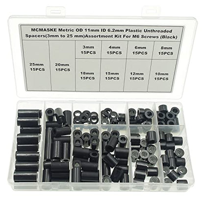OD 11mm(0.433") ID 6.2mm(0.244") Plastic Unthreaded Spacers Assortment;Wall Plate spacers for M6 Screws;Clearance Spacers;Round Spacers;3mm to 25 mm Lengths(Black) - size: OD 11mm ID 6.2mm